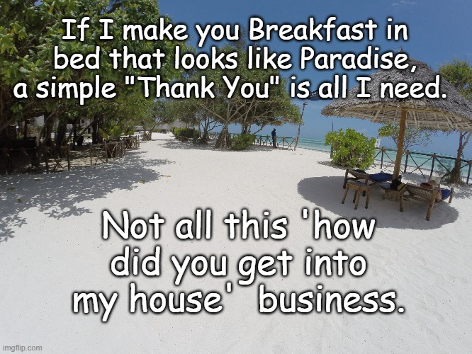 Breakfast in Bed | If I make you Breakfast in bed that looks like Paradise, a simple "Thank You" is all I need. Not all this 'how did you get into my house'  business. | image tagged in breakfast,unexpected pleasure | made w/ Imgflip meme maker