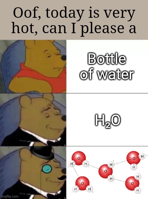 Water | Oof, today is very hot, can I please a; Bottle of water; H₂O | image tagged in fancy pooh,water | made w/ Imgflip meme maker