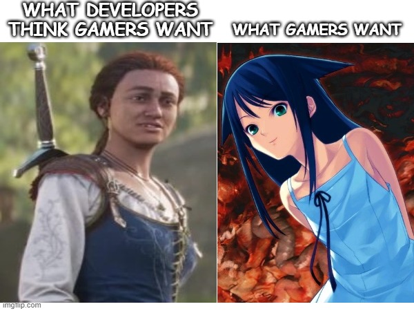 Fable 4 Protag | WHAT DEVELOPERS THINK GAMERS WANT; WHAT GAMERS WANT | image tagged in gaming | made w/ Imgflip meme maker