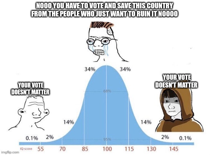 Oligarchy Moment | NOOO YOU HAVE TO VOTE AND SAVE THIS COUNTRY FROM THE PEOPLE WHO JUST WANT TO RUIN IT NOOOO; YOUR VOTE DOESN'T MATTER; YOUR VOTE DOESN'T MATTER | image tagged in bell curve,politics,vote in the comments using the letters in square brackets | made w/ Imgflip meme maker