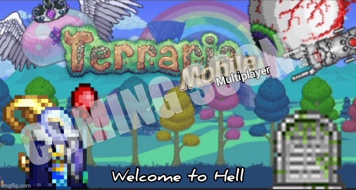 "Two idiots play terraria but it's all death" YouTube thumbnail! - video coming soon!! | COMING SOON!! | image tagged in youtube,terraria,edit,thumbnail,gaming | made w/ Imgflip meme maker