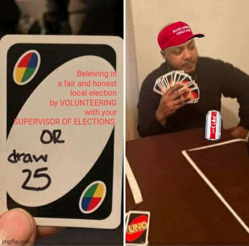 You can do something about it.  Start with things that are within your reach! | Beleiving in a fair and honest local election by VOLUNTEERING with your SUPERVISOR OF ELECTIONS. | image tagged in memes,uno draw 25 cards | made w/ Imgflip meme maker