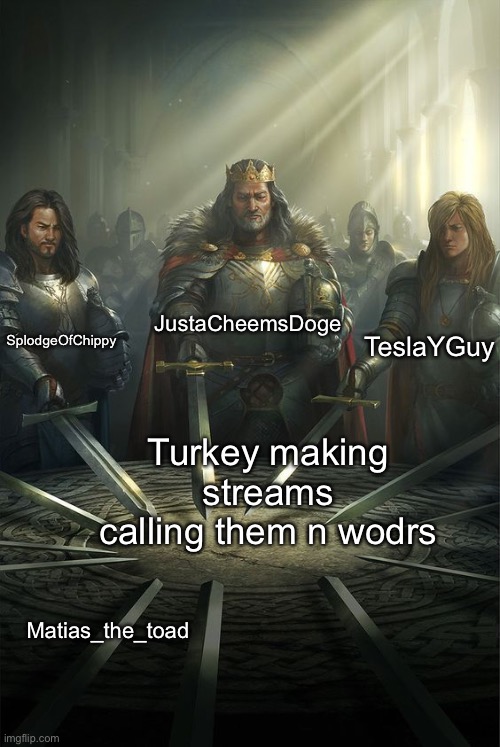 Comment if I missed anyone | JustaCheemsDoge; SplodgeOfChippy; TeslaYGuy; Turkey making streams calling them n wodrs; Matias_the_toad | image tagged in knights of the round table | made w/ Imgflip meme maker