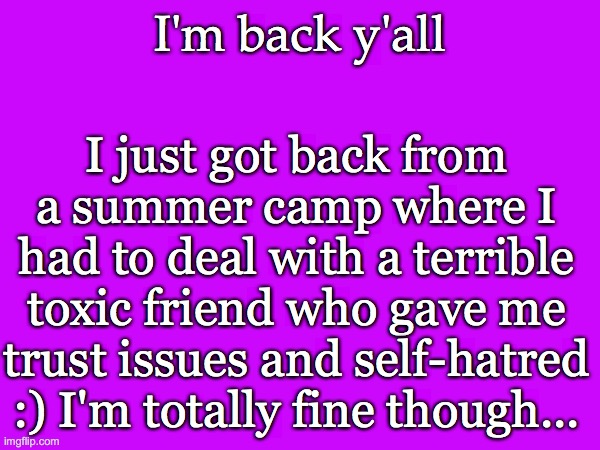 I'm doubting everything and want to hide and cry | I'm back y'all; I just got back from a summer camp where I had to deal with a terrible toxic friend who gave me trust issues and self-hatred :) I'm totally fine though... | image tagged in help me | made w/ Imgflip meme maker