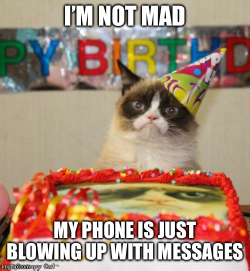 Not sure if anyone cares but today is my birthday! | I’M NOT MAD; MY PHONE IS JUST BLOWING UP WITH MESSAGES | image tagged in memes,grumpy cat birthday,grumpy cat | made w/ Imgflip meme maker