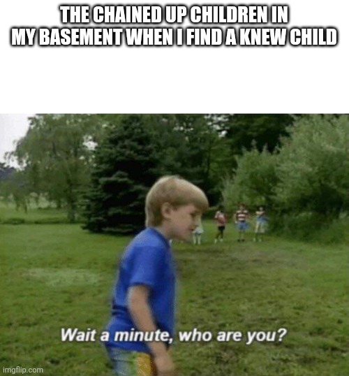 Wait a minute, who are you? | THE CHAINED UP CHILDREN IN MY BASEMENT WHEN I FIND A KNEW CHILD | image tagged in wait a minute who are you | made w/ Imgflip meme maker