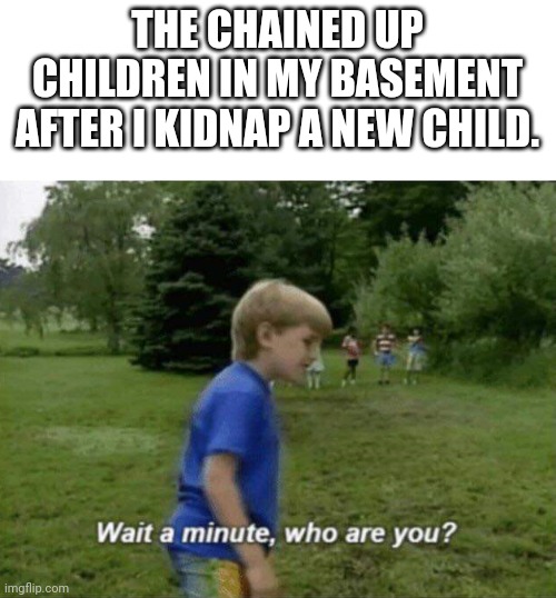 Wait a minute, who are you? | THE CHAINED UP CHILDREN IN MY BASEMENT AFTER I KIDNAP A NEW CHILD. | image tagged in wait a minute who are you | made w/ Imgflip meme maker