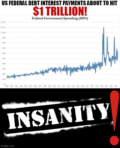 How To Run A Country For Dummies!? | US FEDERAL DEBT INTEREST PAYMENTS ABOUT TO HIT; $1 TRILLION! | image tagged in politics,debt,national debt,insanity,morons,spending | made w/ Imgflip meme maker