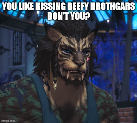 Kissing Hrothgars | YOU LIKE KISSING BEEFY HROTHGARS
DON'T YOU? | image tagged in hrothgars,ffxiv,funny memes | made w/ Imgflip meme maker