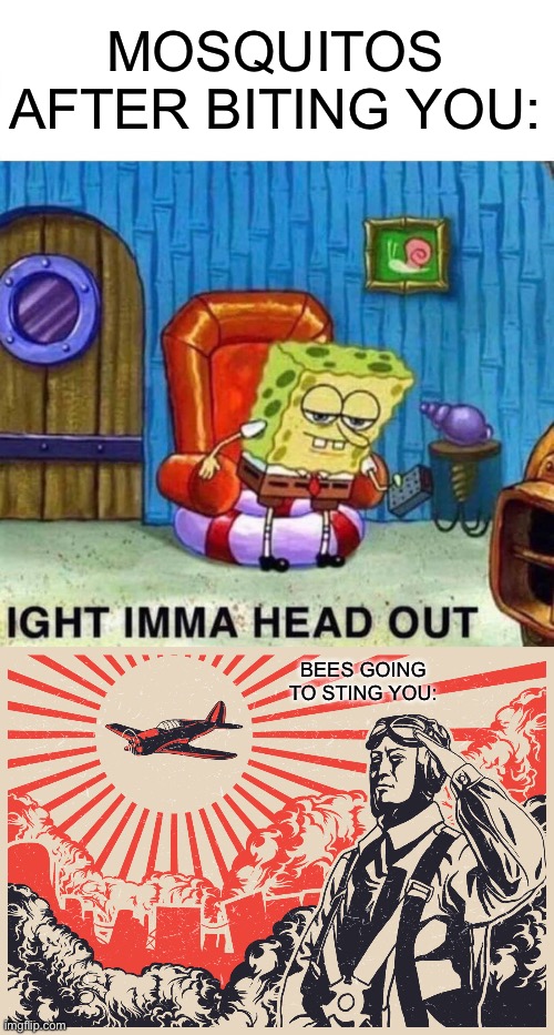 MOSQUITOS AFTER BITING YOU:; BEES GOING TO STING YOU: | image tagged in memes,spongebob ight imma head out,imperial japanese kamikaze pilot propaganda poster,bees,mosquitoes | made w/ Imgflip meme maker