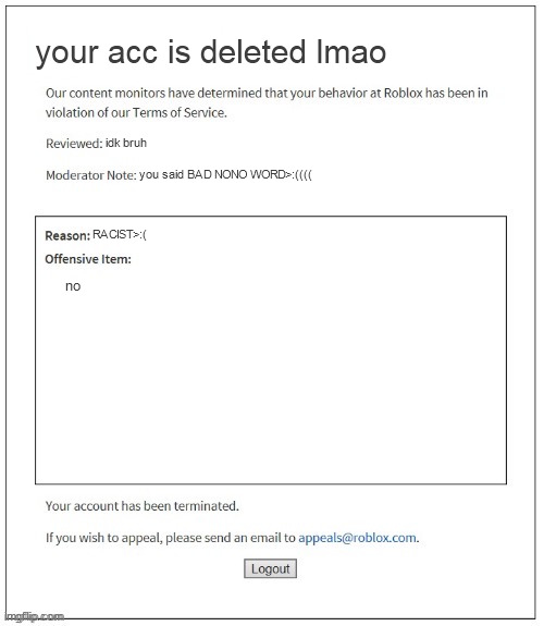 Moderation System | your acc is deleted lmao you said BAD NONO WORD>:(((( idk bruh RACIST>:( no | image tagged in moderation system | made w/ Imgflip meme maker