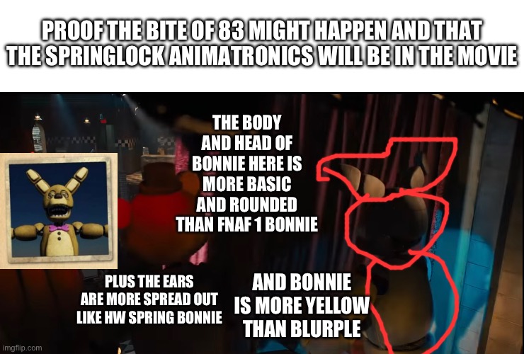 Bite of 83 here we go | PROOF THE BITE OF 83 MIGHT HAPPEN AND THAT THE SPRINGLOCK ANIMATRONICS WILL BE IN THE MOVIE; THE BODY AND HEAD OF BONNIE HERE IS MORE BASIC AND ROUNDED THAN FNAF 1 BONNIE; PLUS THE EARS ARE MORE SPREAD OUT LIKE HW SPRING BONNIE; AND BONNIE IS MORE YELLOW THAN BLURPLE | image tagged in fnaf,movie | made w/ Imgflip meme maker