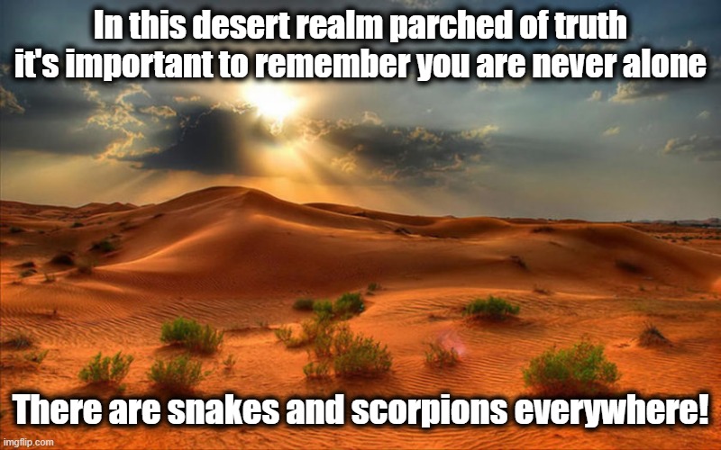 Watch where you step! | In this desert realm parched of truth it's important to remember you are never alone; There are snakes and scorpions everywhere! | image tagged in the world,end of the world,truth,american politics | made w/ Imgflip meme maker