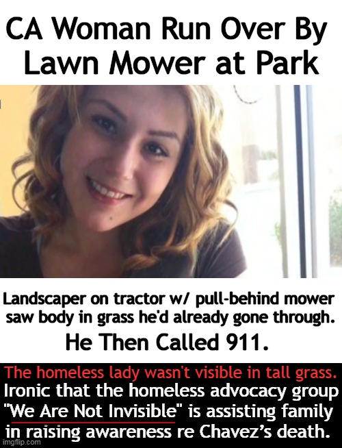 The Final Cut | CA Woman Run Over By; Lawn Mower at Park; Landscaper on tractor w/ pull-behind mower 
saw body in grass he'd already gone through. He Then Called 911. The homeless lady wasn't visible in tall grass. Ironic that the homeless advocacy group
"We Are Not Invisible" is assisting family 
in raising awareness re Chavez’s death. _________ | image tagged in dark humor,get off my lawn,lawnmower,deadly,invisible,help i accidentally | made w/ Imgflip meme maker