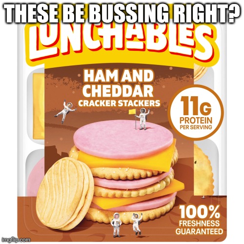 Yummy | THESE BE BUSSING RIGHT? | image tagged in lunchables ham cheddar cheese cracker stackers snack kit kids,yummy,meme,funny | made w/ Imgflip meme maker