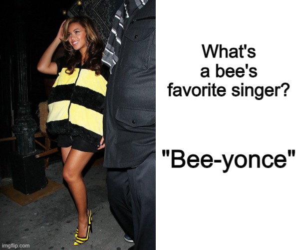 @_@ | What's a bee's favorite singer? "Bee-yonce" | image tagged in blank white template | made w/ Imgflip meme maker