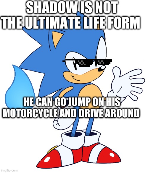 Sonic The Hedgehog | SHADOW IS NOT THE ULTIMATE LIFE FORM; HE CAN GO JUMP ON HIS MOTORCYCLE AND DRIVE AROUND THE COUNTRY | image tagged in sonic the hedgehog | made w/ Imgflip meme maker