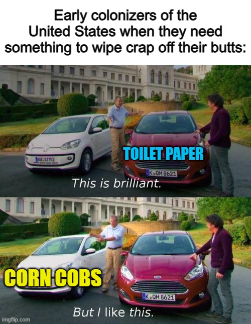 IT'S ACTUALLY TRUE, SEARCH IT UP XDDD | Early colonizers of the United States when they need something to wipe crap off their butts:; TOILET PAPER; CORN COBS | image tagged in this is brilliant but i like this | made w/ Imgflip meme maker