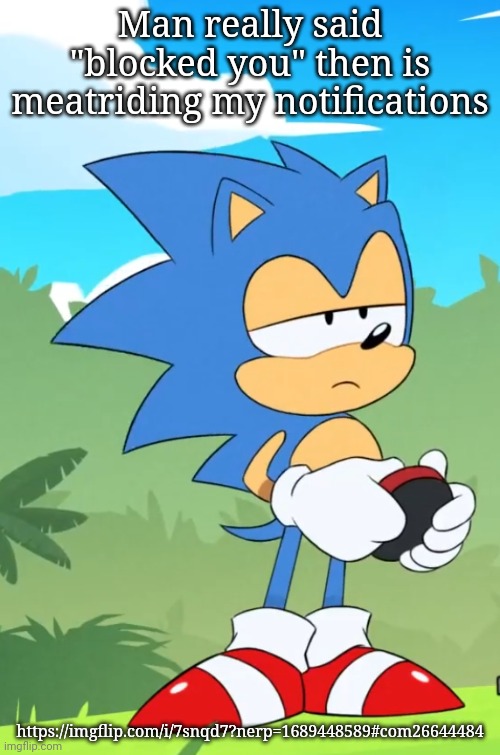 Bored sonic | Man really said "blocked you" then is meatriding my notifications; https://imgflip.com/i/7snqd7?nerp=1689448589#com26644484 | image tagged in bored sonic | made w/ Imgflip meme maker