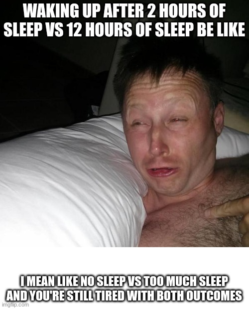Limmy waking up | WAKING UP AFTER 2 HOURS OF SLEEP VS 12 HOURS OF SLEEP BE LIKE; I MEAN LIKE NO SLEEP VS TOO MUCH SLEEP AND YOU'RE STILL TIRED WITH BOTH OUTCOMES | image tagged in limmy waking up | made w/ Imgflip meme maker