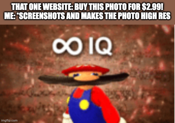 honestly i do this if its necessary | THAT ONE WEBSITE: BUY THIS PHOTO FOR $2.99!
ME: *SCREENSHOTS AND MAKES THE PHOTO HIGH RES | image tagged in infinite iq | made w/ Imgflip meme maker