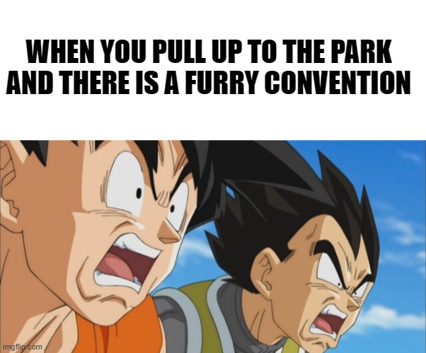 Legalize nuclear BOMBS | WHEN YOU PULL UP TO THE PARK AND THERE IS A FURRY CONVENTION | image tagged in dbs goku and vegetable | made w/ Imgflip meme maker