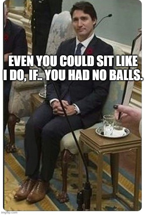 Canadian PM | EVEN YOU COULD SIT LIKE I DO, IF.. YOU HAD NO BALLS. | image tagged in canadian politics | made w/ Imgflip meme maker