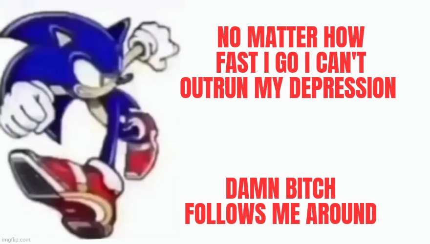 Sonic says | NO MATTER HOW FAST I GO I CAN'T OUTRUN MY DEPRESSION; DAMN BITCH FOLLOWS ME AROUND | image tagged in sonic says | made w/ Imgflip meme maker