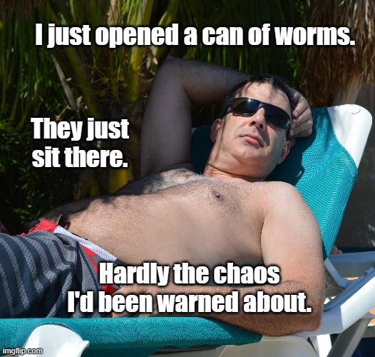 Worms | I just opened a can of worms. They just sit there. Hardly the chaos I'd been warned about. | image tagged in worms,can of worms,chaos,dissapointed,meh | made w/ Imgflip meme maker