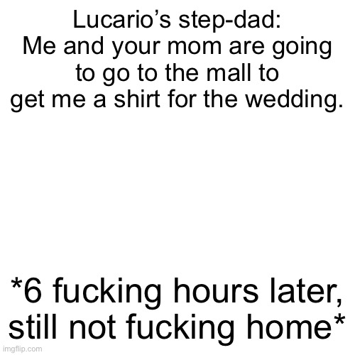 Like, you trying on every fucking shirt in the fucking continent??? | Lucario’s step-dad: Me and your mom are going to go to the mall to get me a shirt for the wedding. *6 fucking hours later, still not fucking home* | image tagged in memes,blank transparent square | made w/ Imgflip meme maker