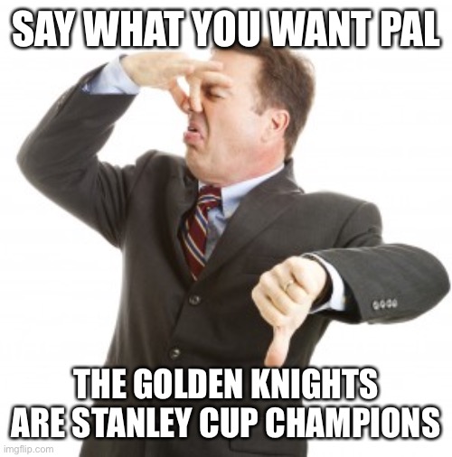 Vegas golden knights | SAY WHAT YOU WANT PAL; THE GOLDEN KNIGHTS ARE STANLEY CUP CHAMPIONS | image tagged in vegas golden knights | made w/ Imgflip meme maker