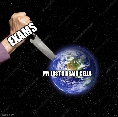 So True | EXAMS; MY LAST 3 BRAIN CELLS | image tagged in stabbing the earth,exams,memes,funny,school,so true memes | made w/ Imgflip meme maker