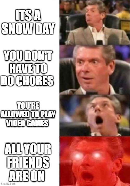 "Lucky" | ITS A SNOW DAY; YOU DON'T HAVE TO DO CHORES; YOU'RE ALLOWED TO PLAY VIDEO GAMES; ALL YOUR FRIENDS ARE ON | image tagged in mr mcmahon reaction | made w/ Imgflip meme maker