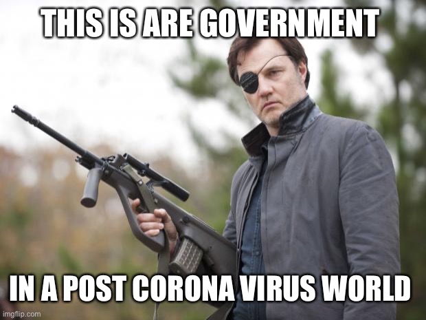 The Governor Walking Dead | THIS IS ARE GOVERNMENT; IN A POST CORONA VIRUS WORLD | image tagged in the governor walking dead | made w/ Imgflip meme maker