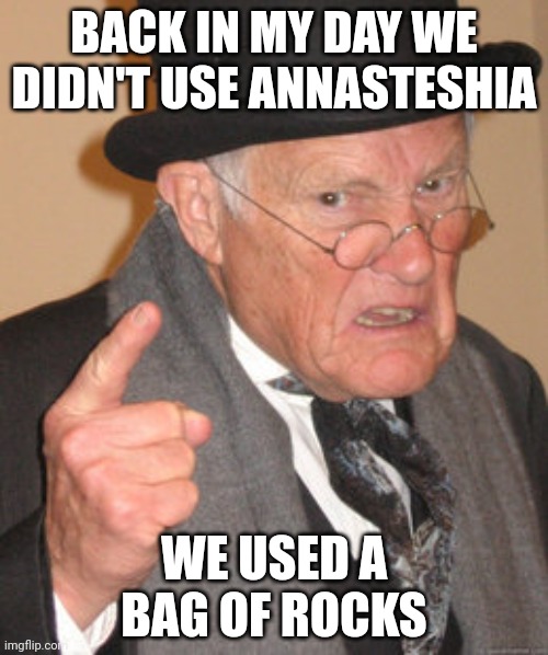 Back In My Day | BACK IN MY DAY WE DIDN'T USE ANNASTESHIA; WE USED A BAG OF ROCKS | image tagged in memes,back in my day | made w/ Imgflip meme maker