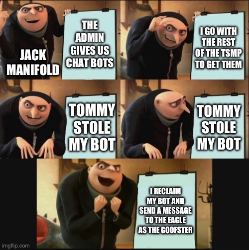 Spoilers from a recent Manifold stream | THE ADMIN GIVES US CHAT BOTS; I GO WITH THE REST OF THE TSMP TO GET THEM; JACK MANIFOLD; TOMMY STOLE MY BOT; TOMMY STOLE MY BOT; I RECLAIM MY BOT AND SEND A MESSAGE TO THE EAGLE AS THE GOOFSTER | image tagged in 5 panel gru meme,jack manifold | made w/ Imgflip meme maker