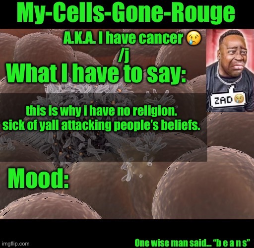now im actually deciding if i should delete my account | this is why i have no religion. sick of yall attacking people’s beliefs. | image tagged in my-cells-gone-rouge announcement | made w/ Imgflip meme maker