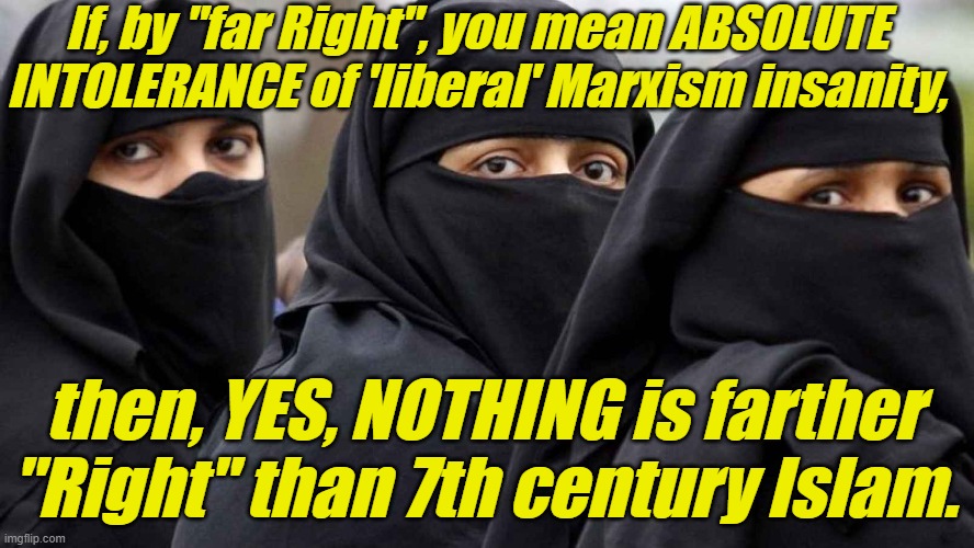 Islamic women | If, by "far Right", you mean ABSOLUTE INTOLERANCE of 'liberal' Marxism insanity, then, YES, NOTHING is farther "Right" than 7th century Isla | image tagged in islamic women | made w/ Imgflip meme maker