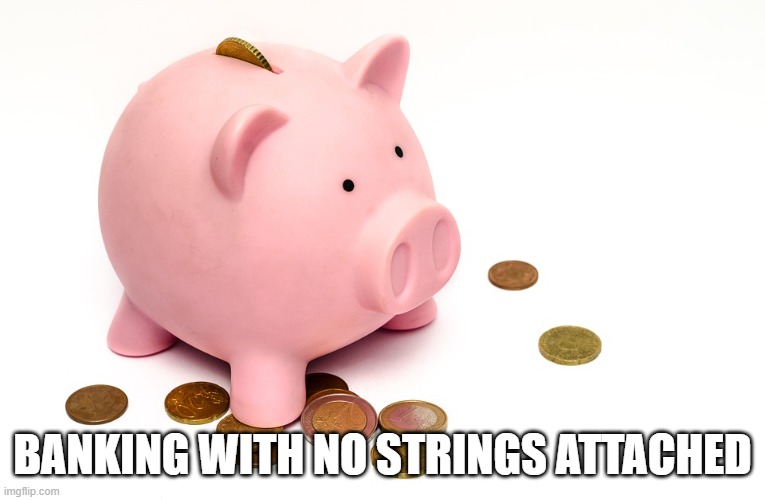 Piggy Bank | BANKING WITH NO STRINGS ATTACHED | image tagged in piggy bank | made w/ Imgflip meme maker