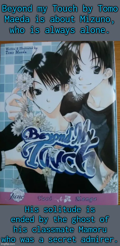 The book also features the stories "Cool Lips" & "Recipe." | Beyond my Touch by Tomo
Maeda is about Mizuno,
who is always alone. His solitude is ended by the ghost of his classmate Mamoru who was a secret admirer. | image tagged in yaoi,manga,supernatural,lgbt,lonely | made w/ Imgflip meme maker