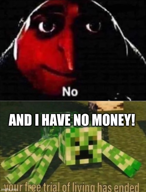 AND I HAVE NO MONEY! | image tagged in gru no,your free trial of living has ended | made w/ Imgflip meme maker