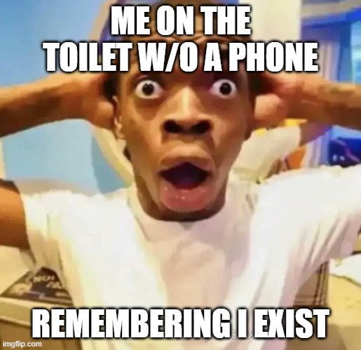 omg fr | ME ON THE TOILET W/O A PHONE; REMEMBERING I EXIST | image tagged in shocked black guy | made w/ Imgflip meme maker