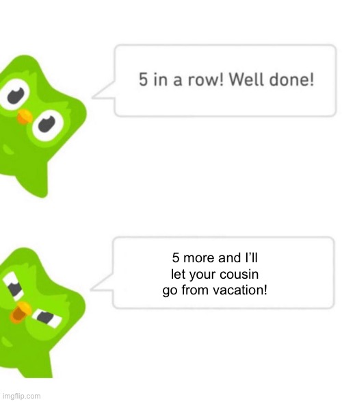 DUO WHY?! | 5 more and I’ll let your cousin go from vacation! | image tagged in duolingo | made w/ Imgflip meme maker