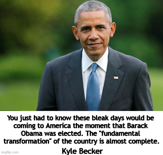 Placing blame where it belongs... | You just had to know these bleak days would be 

coming to America the moment that Barack 

Obama was elected. The "fundamental 

transformation" of the country is almost complete. Kyle Becker | image tagged in politics,barack obama,liberal policies,hate america first,divider not a uniter,racial divide | made w/ Imgflip meme maker