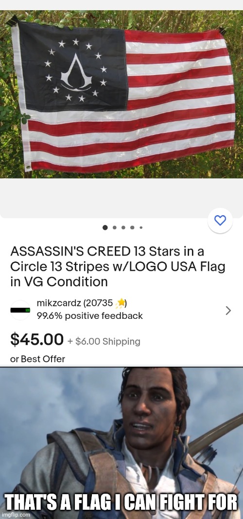 CONNORS FLAG | THAT'S A FLAG I CAN FIGHT FOR | image tagged in american flag,assassin's creed,ebay,assassins creed,ac3 | made w/ Imgflip meme maker