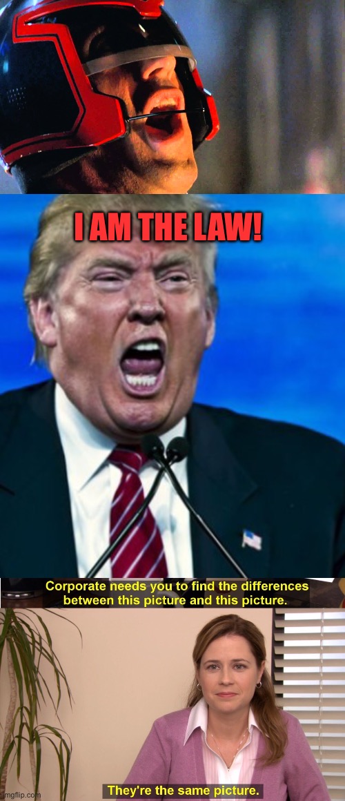 I AM THE LAW! | image tagged in i am the law,trump yelling,memes,they're the same picture | made w/ Imgflip meme maker