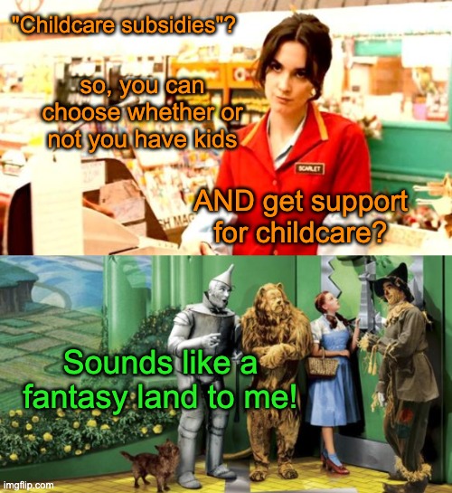 "Childcare subsidies"? so, you can choose whether or not you have kids AND get support for childcare? Sounds like a fantasy land to me! | image tagged in cashier meme,emerald city door | made w/ Imgflip meme maker
