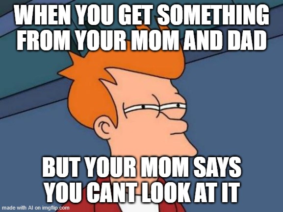 ai is so good for memes. | WHEN YOU GET SOMETHING FROM YOUR MOM AND DAD; BUT YOUR MOM SAYS YOU CANT LOOK AT IT | image tagged in memes,futurama fry | made w/ Imgflip meme maker