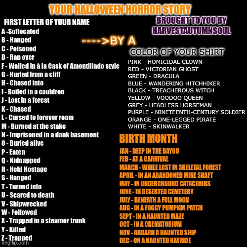 Your Halloween Horror Story | YOUR HALLOWEEN HORROR STORY; BROUGHT TO YOU BY
HARVESTAUTUMNSOUL; FIRST LETTER OF YOUR NAME; A -Suffocated
B - Hanged
C - Poisoned 
D - Ran over
F - Walled in à la Cask of Amontillado style 
G - Hurled from a cliff
H - Chased into 
I - Boiled in a cauldron 
J - Lost in a forest
K - Chased 
L - Cursed to forever roam 
M - Burned at the stake 
N - Imprisoned in a dank basement
O - Buried alive
P - Eaten
Q - Kidnapped
R - Held Hostage
S - Hanged 
T - Turned into 
U - Scared to death 
V - Shipwrecked
W - Followed
X - Trapped in a steamer trunk
Y - Killed
Z - Trapped; ---->BY A; COLOR OF YOUR SHIRT; PINK - HOMICIDAL CLOWN 
RED - VICTORIAN GHOST
GREEN - DRACULA 
BLUE - WANDERING HITCHHIKER
BLACK - TREACHEROUS WITCH
YELLOW - VOODOO QUEEN
GREY - HEADLESS HORSEMAN
PURPLE - NINETEENTH-CENTURY SOLDIER
ORANGE - ONE-LEGGED PIRATE
WHITE - SKINWALKER; BIRTH MONTH; JAN - DEEP IN THE BAYOU
FEB - AT A CARNIVAL
MARCH - WHILE LOST IN SKELETAL FOREST
APRIL - IN AN ABANDONED MINE SHAFT
MAY - IN UNDERGROUND CATACOMBS 
JUNE - IN DESERTED CEMETERY 
JULY - BENEATH A FULL MOON
AUG - IN A FOGGY PUMPKIN PATCH
SEPT - IN A HAUNTED MAZE
OCT - IN A CREMATORIUM 
NOV - ABOARD A HAUNTED SHIP
DEC - ON A HAUNTED HAYRIDE | image tagged in solid black | made w/ Imgflip meme maker