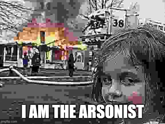 Disaster Girl | I AM THE ARSONIST | image tagged in memes,disaster girl | made w/ Imgflip meme maker